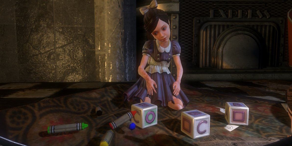 Little girl plays with blocks in Bioshock