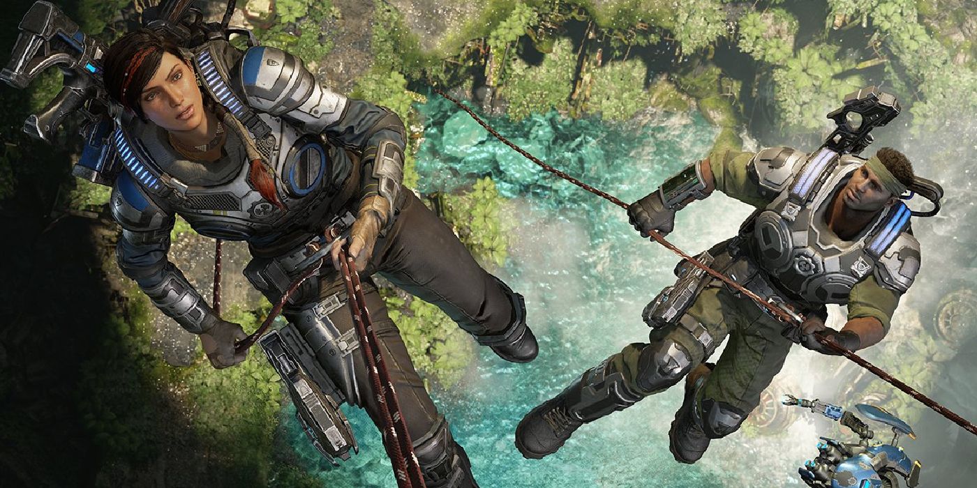 Gears 5 Screenshot Of Kait and Del Rappelling From Helicopter
