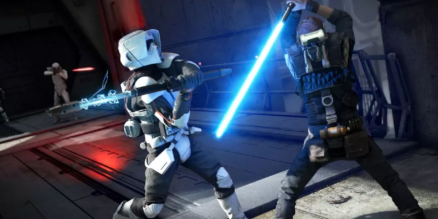 Cal Kestis blocking an attack from the electrical rod of a Scout Trooper in the hallway of a space station toward the beginning of Fallen Order.