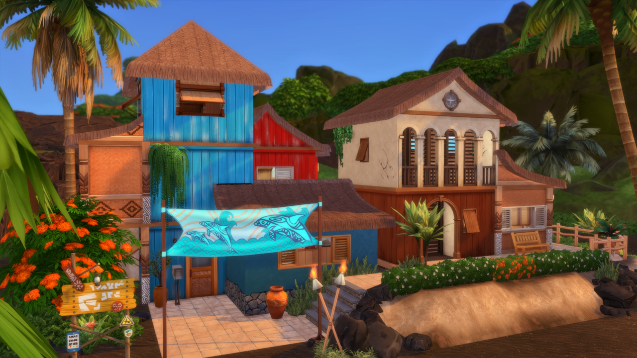 tropical home build by mountain, stone paths and torches out front