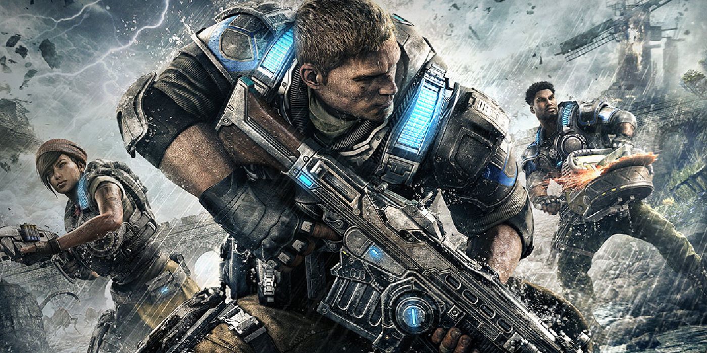 The key art for Gears of War 4, featuring JD, Kait and Del