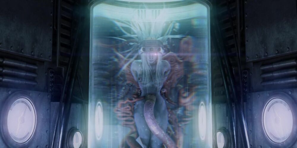The remains of Jenova held in a glass tank, from Advent Children.