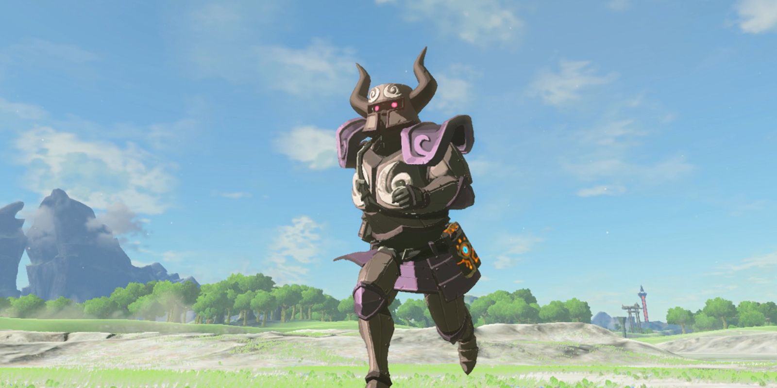 Link runs through a field while wearing the Phantom Armor Set