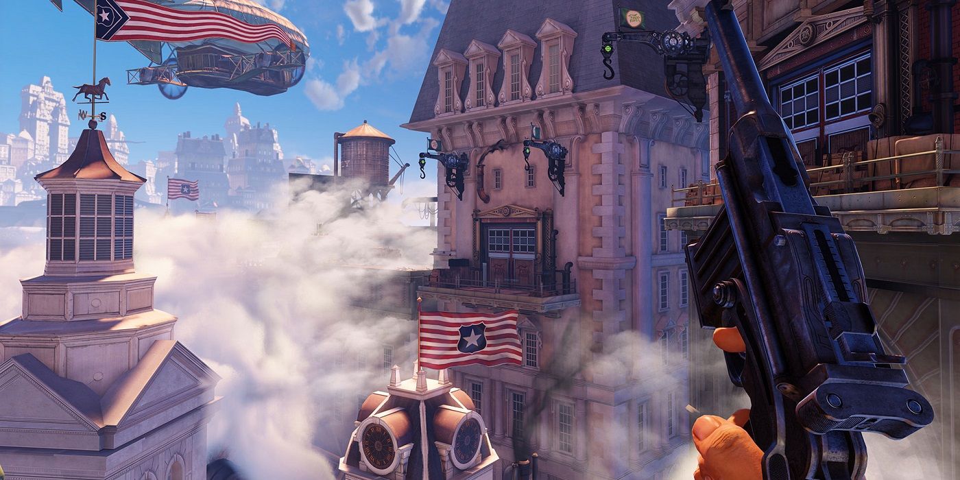 Booker about to grapple jump across the map holding his pistol to the air in Bioshock infinite.