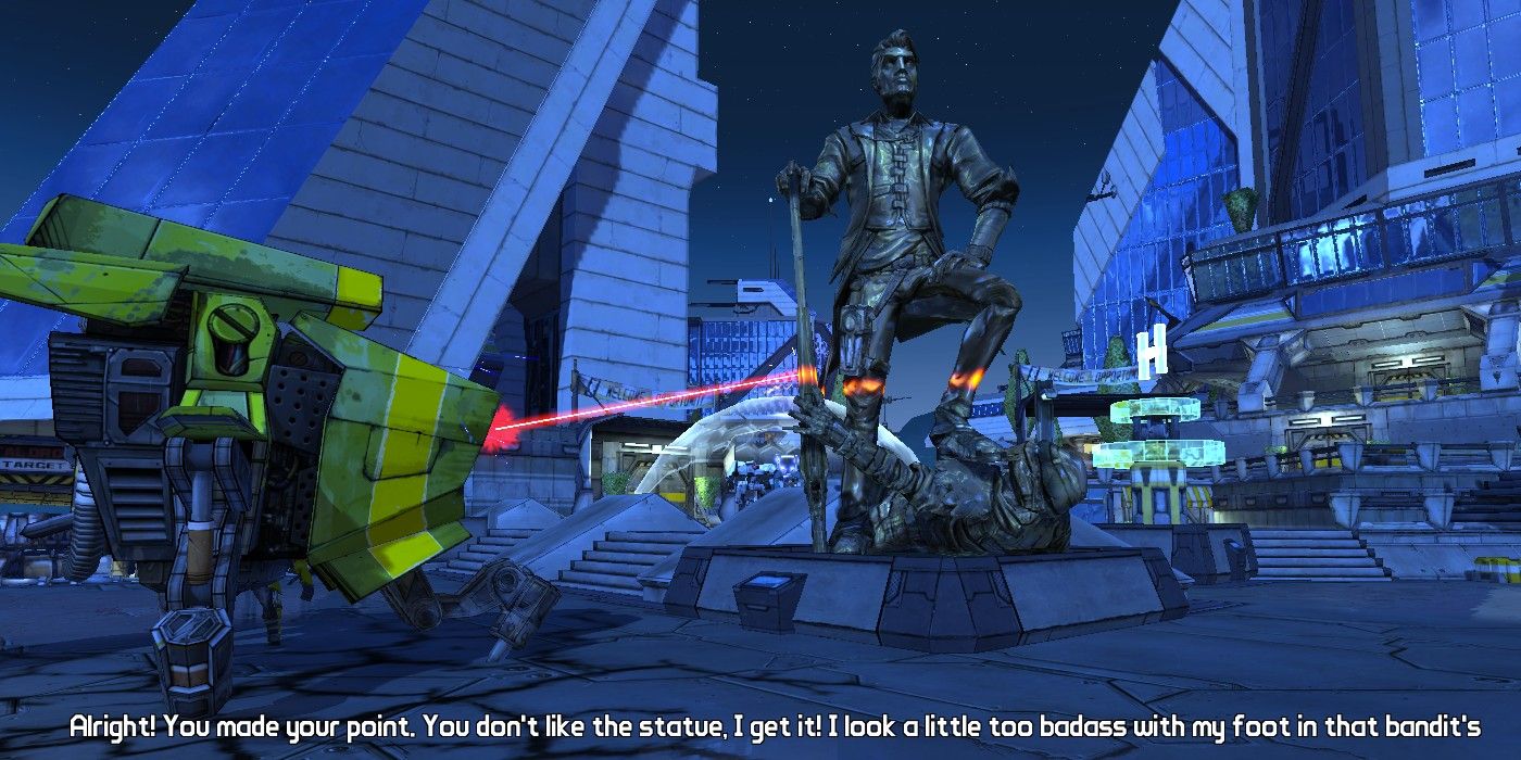 Borderlands 2 Handsome Jack Statue being lasered by bot