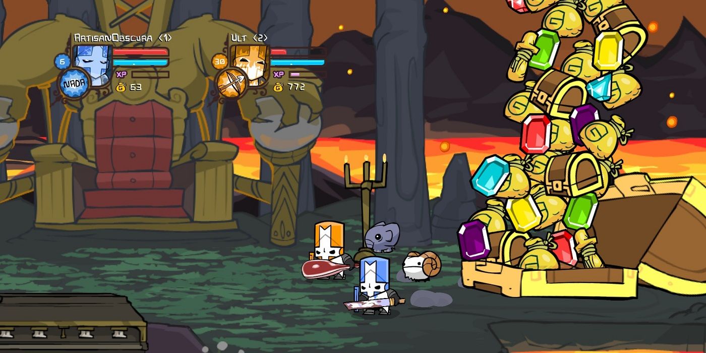 Castle Crashers two players with weapons beside a large treasure chest