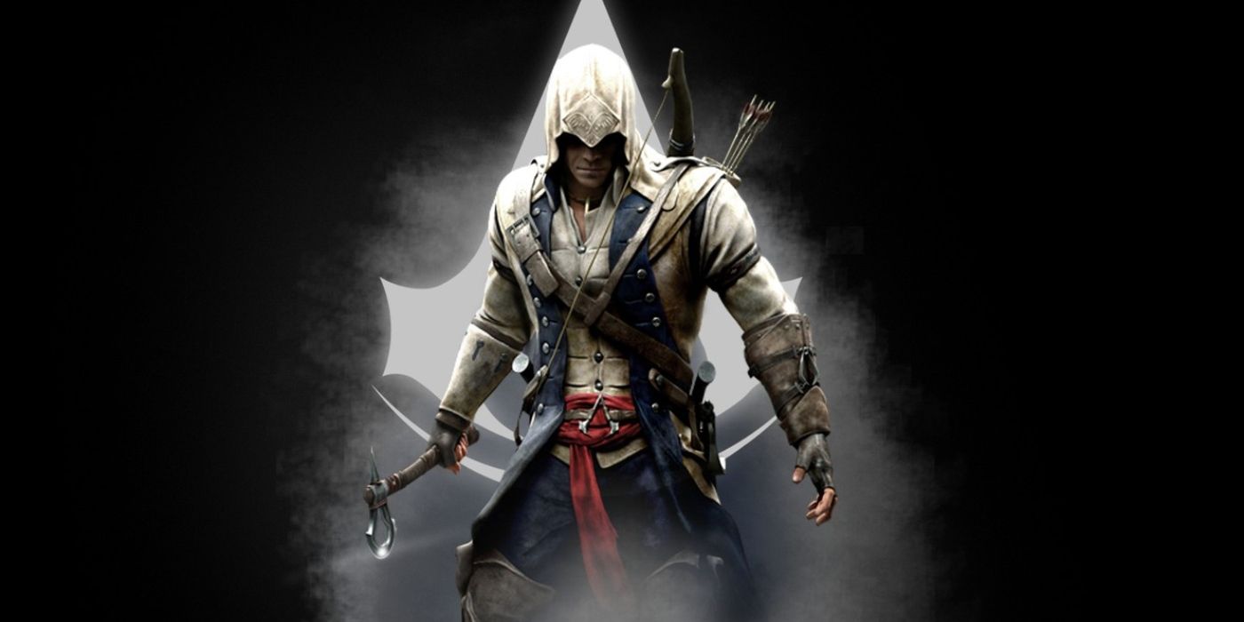 Assassin's Creed 3 art of Connor Kenway standing in front of the franchise logo