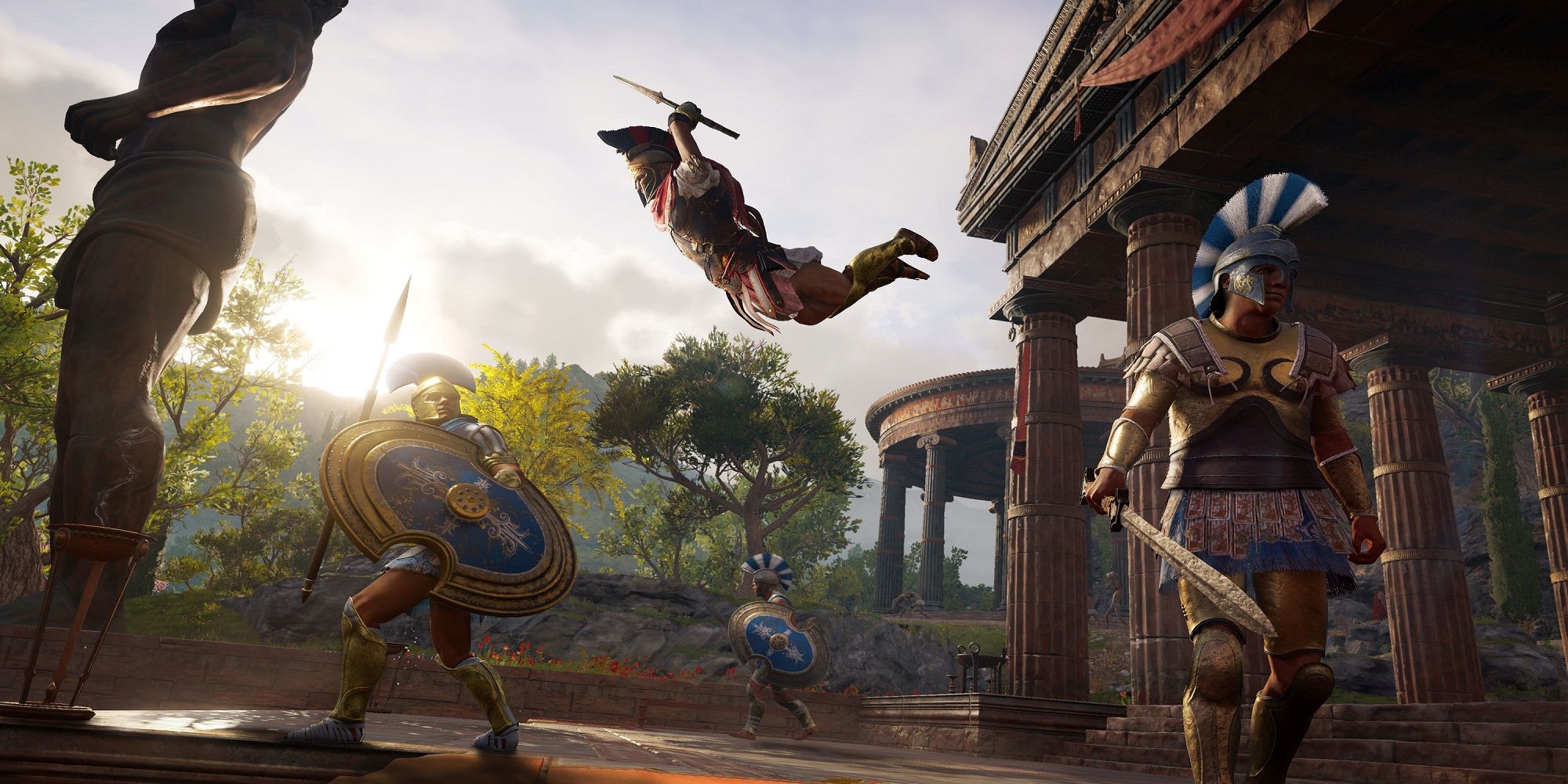 A player armed with a spear leaping towards an Athenian soldier in Assassin's Creed Odyssey side mission The Great Contender