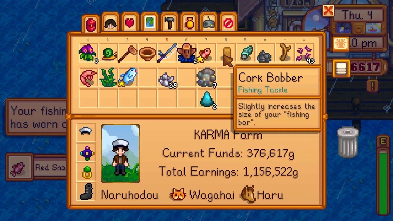 the inventory screen in stardew valley with the cursor on the cork bobber