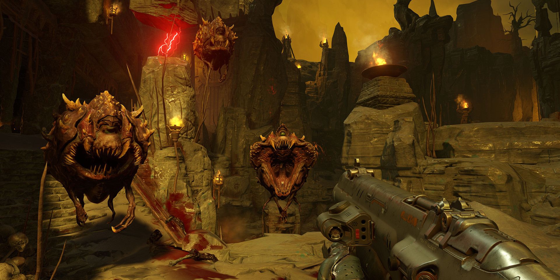 The Charged Shot in action against Cacodemons in Doom Eternal
