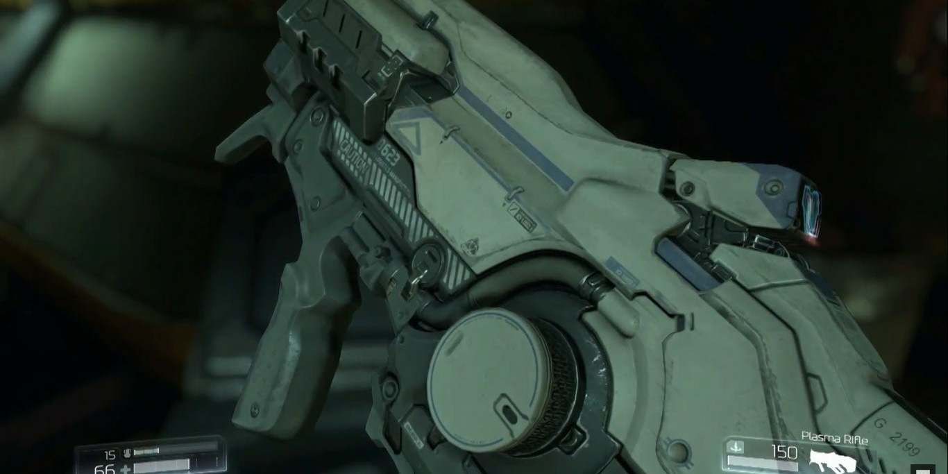 The Plasma Rifle equipped with Stun Bombs in Doom Eternal