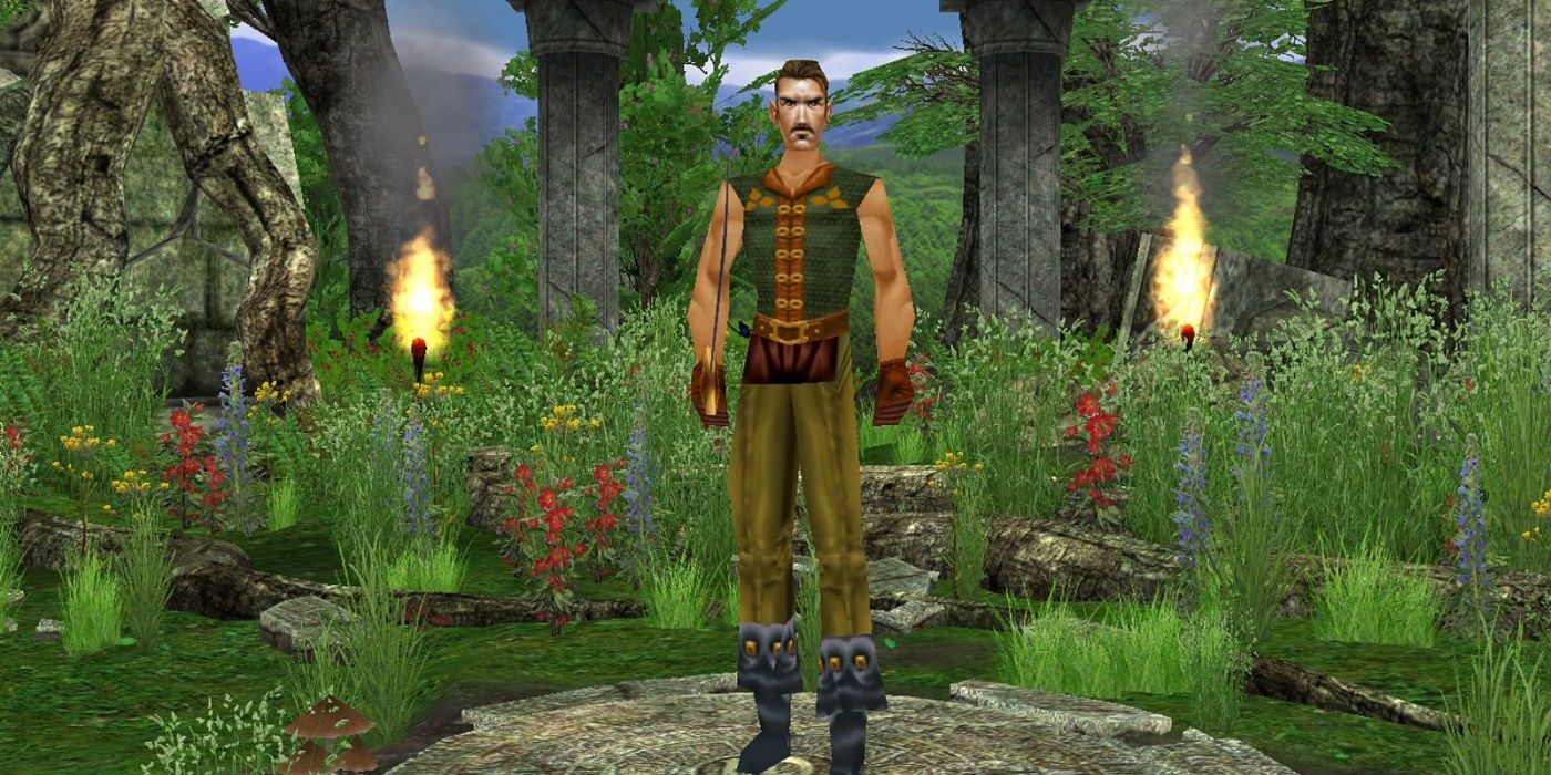 A character standing in front of a garden.