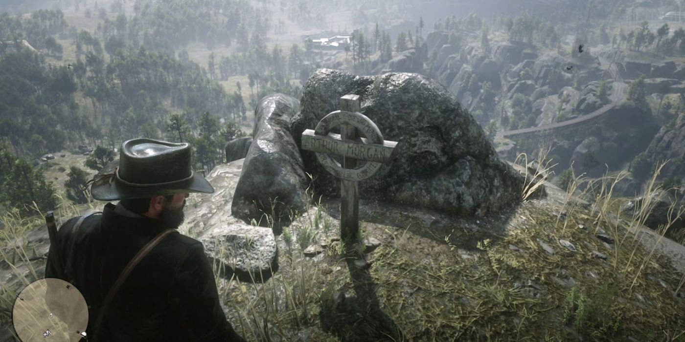 The main character looking at a grave on the top of a hill.