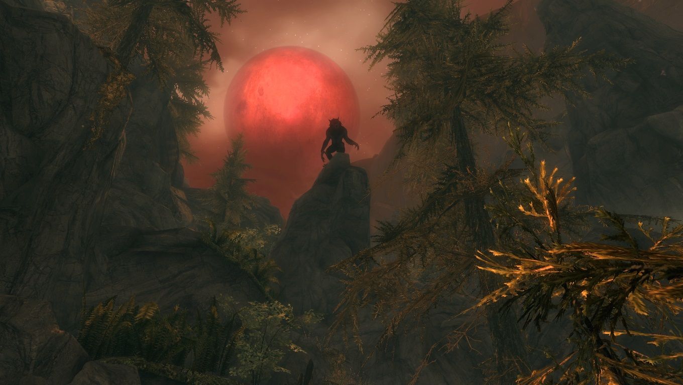 A werewolf stands on a precipice with a blood-red moon looming ominously over the horizon.