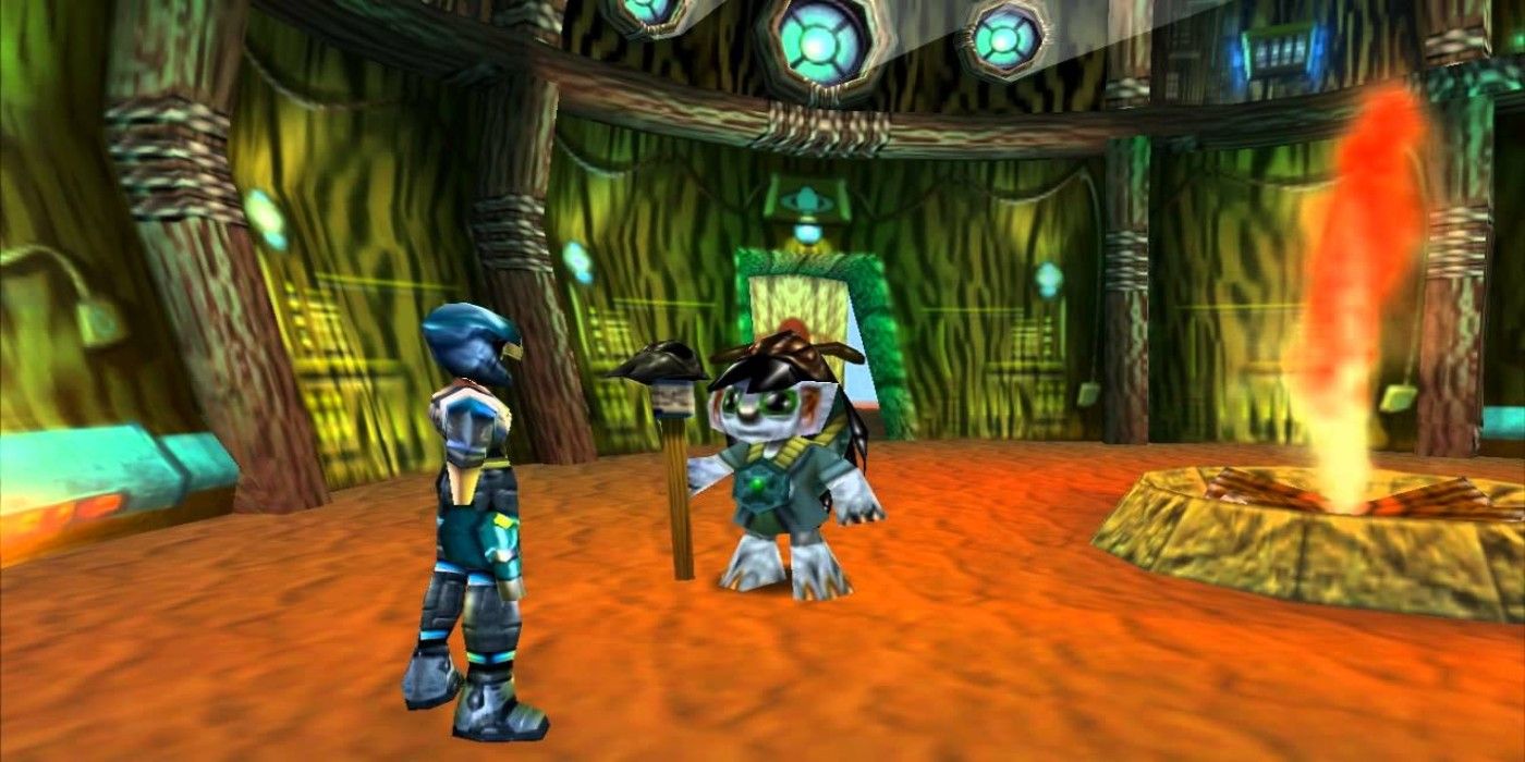 Space hero inside hut with fire talking to master in Jet Force Gemini