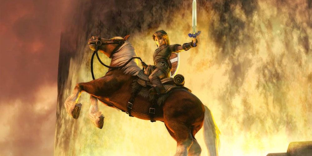 Twilight Princess: Link on Epona brandishing sword on Eldin Bridge