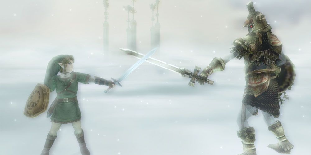 Link and the Hero's Shade clash swords in Twilight Princess.
