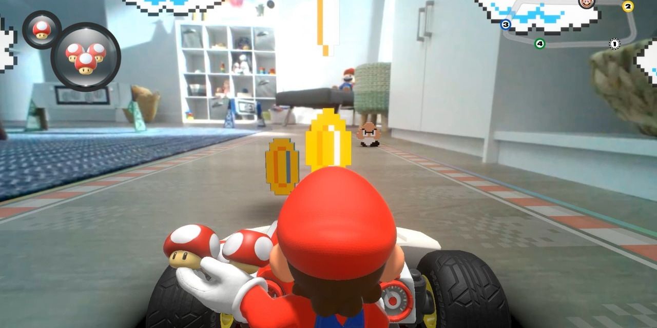 Back view of Mario holding red mushrooms as he drives on a track and collects coins