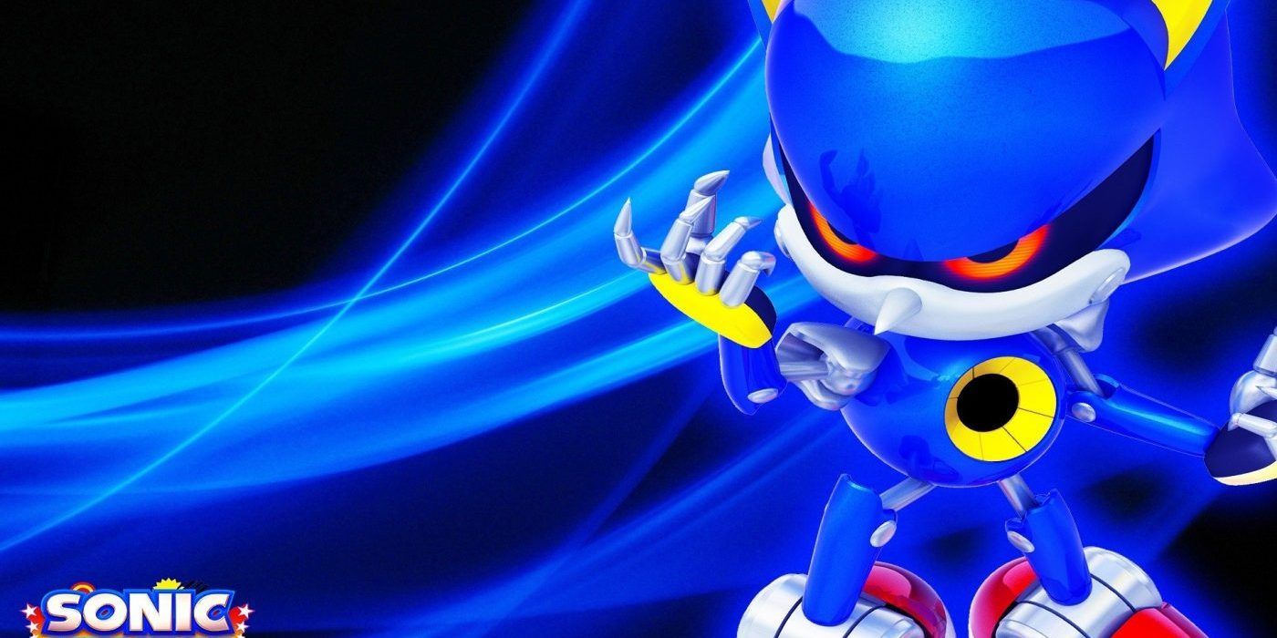 A 3D design of Metal Sonic in a blue and black background.