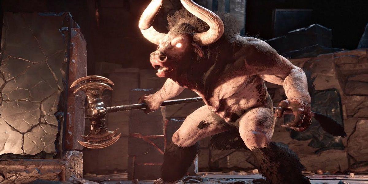 The Minotaur boss wielding an axe in Assassin's Creed Odyssey side quest Myths and Minotaurs