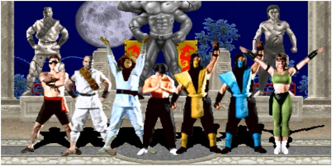 Several Mortal Kombat characters from the original game stand in a line in the arena.