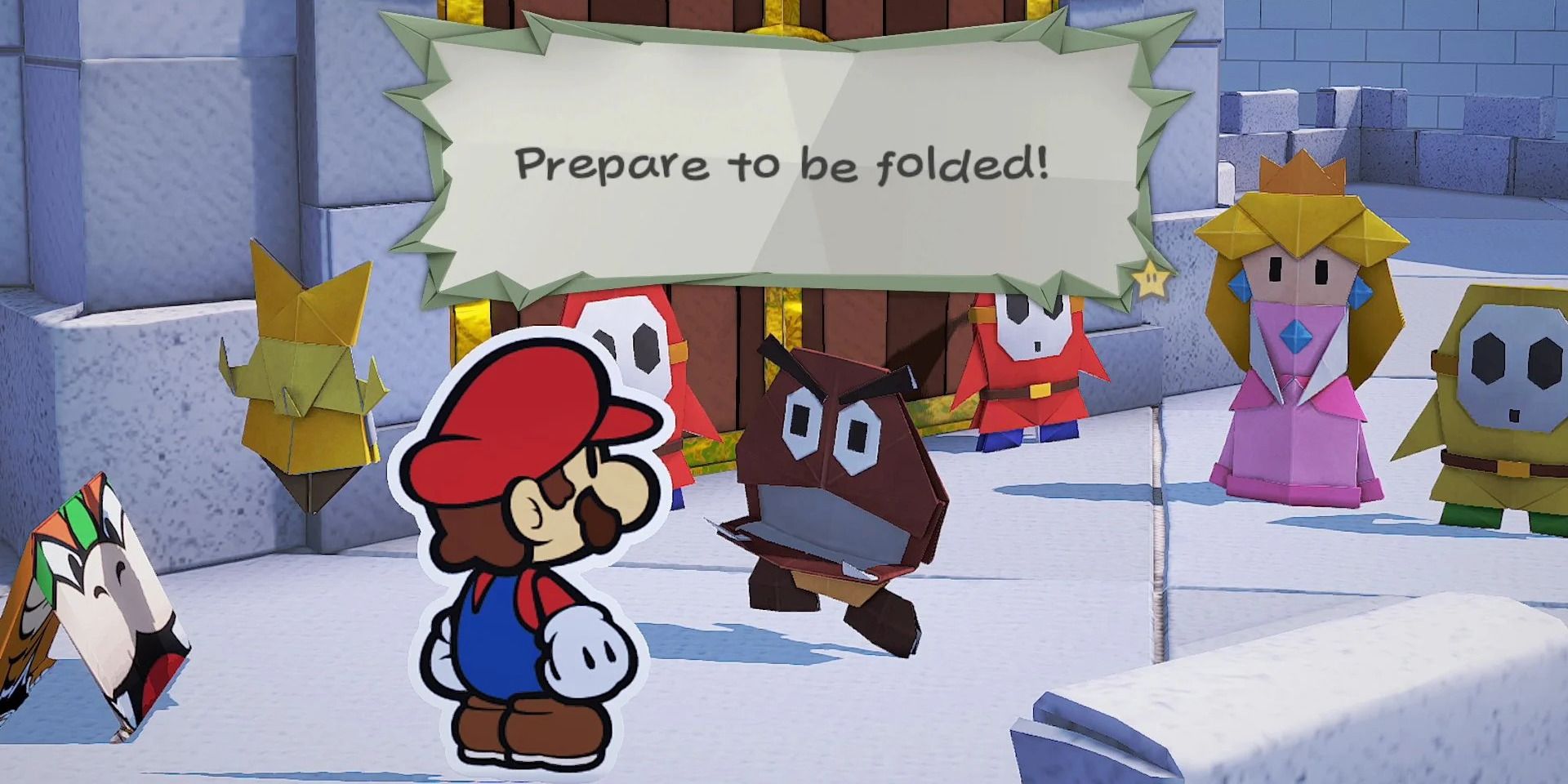 A paper Goomba telling Paper Mario to prepare to be folded in Paper Mario: Origami King