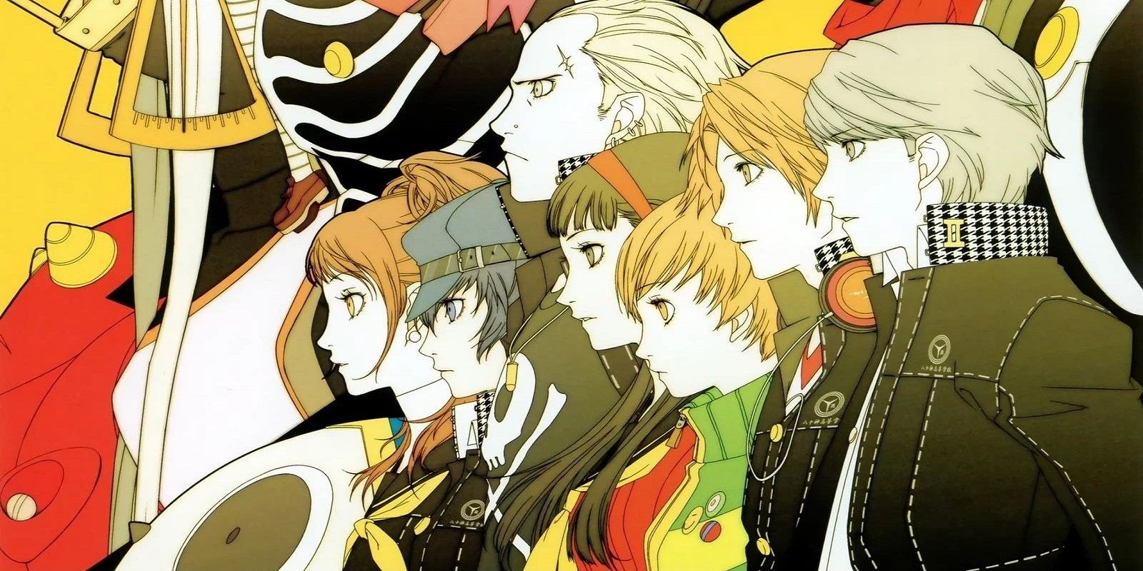 Persona 4 cast lined up next to each other and looking into the distance