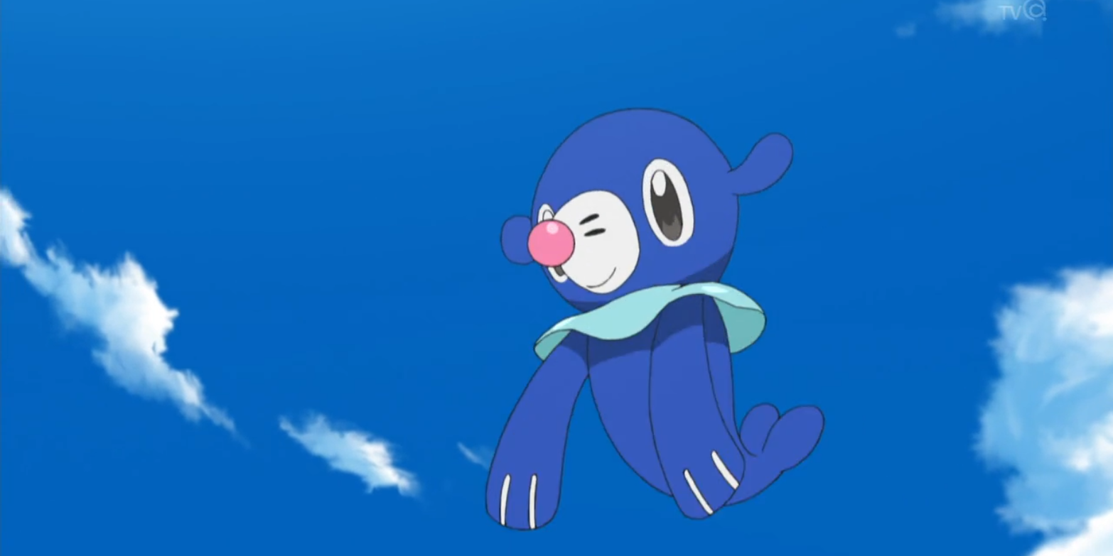 Popplio flying high in the sky in the Pokemon anime