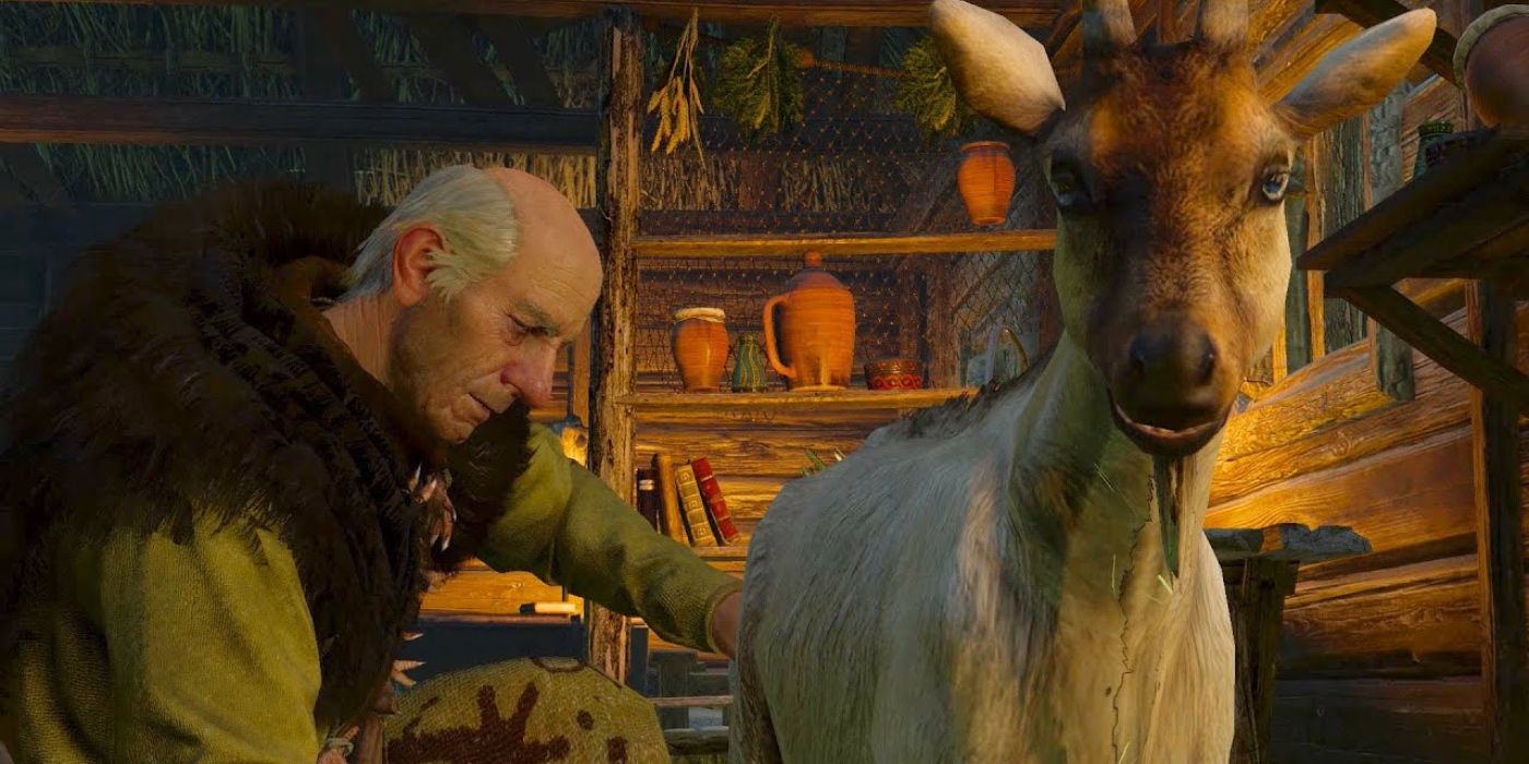 The pellar milking his goat, Princess, after Geralt has returned her for the ritual.