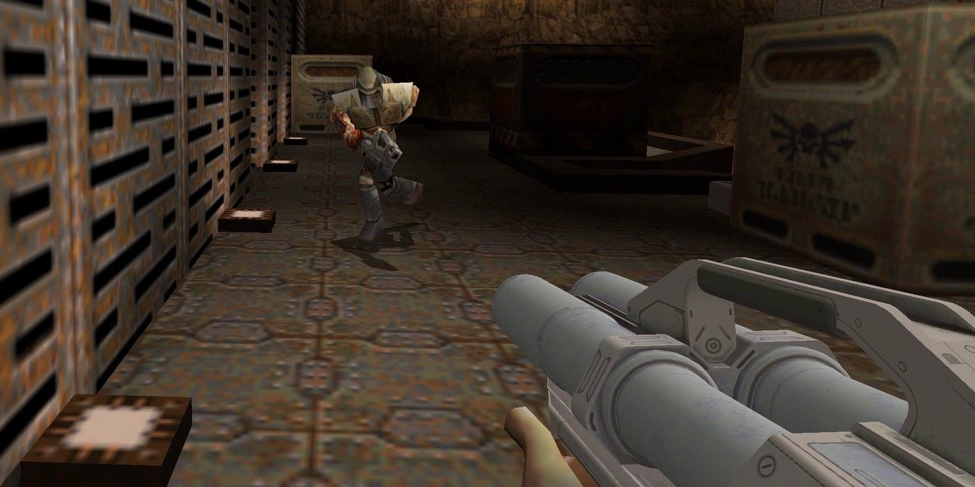 Carrying a shotgun through a dark hallways in Quake 2