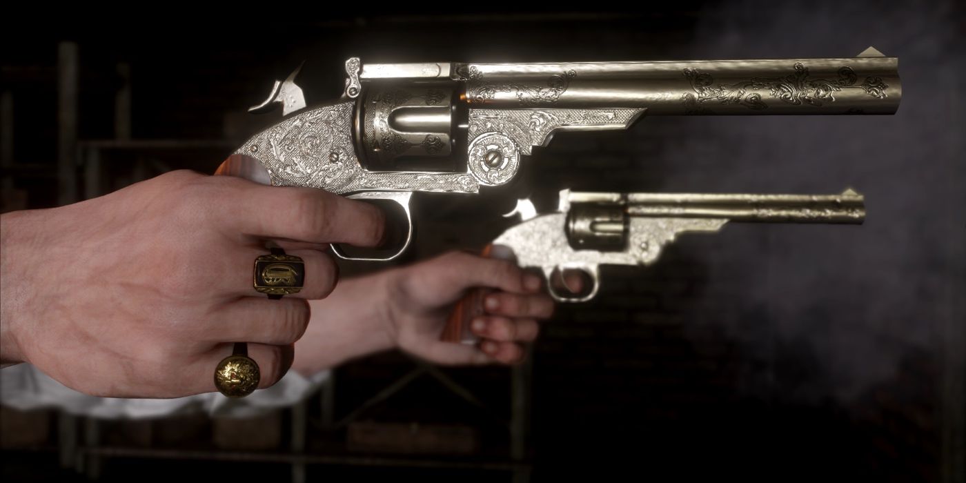 A close shot of the hands of a character holding two rare revolvers.