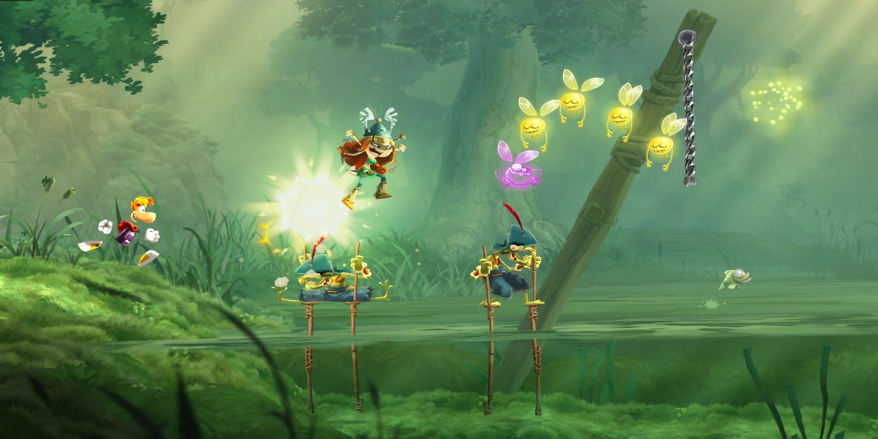 Rayman Legends one player jumping on an enemy while the other runs behind them