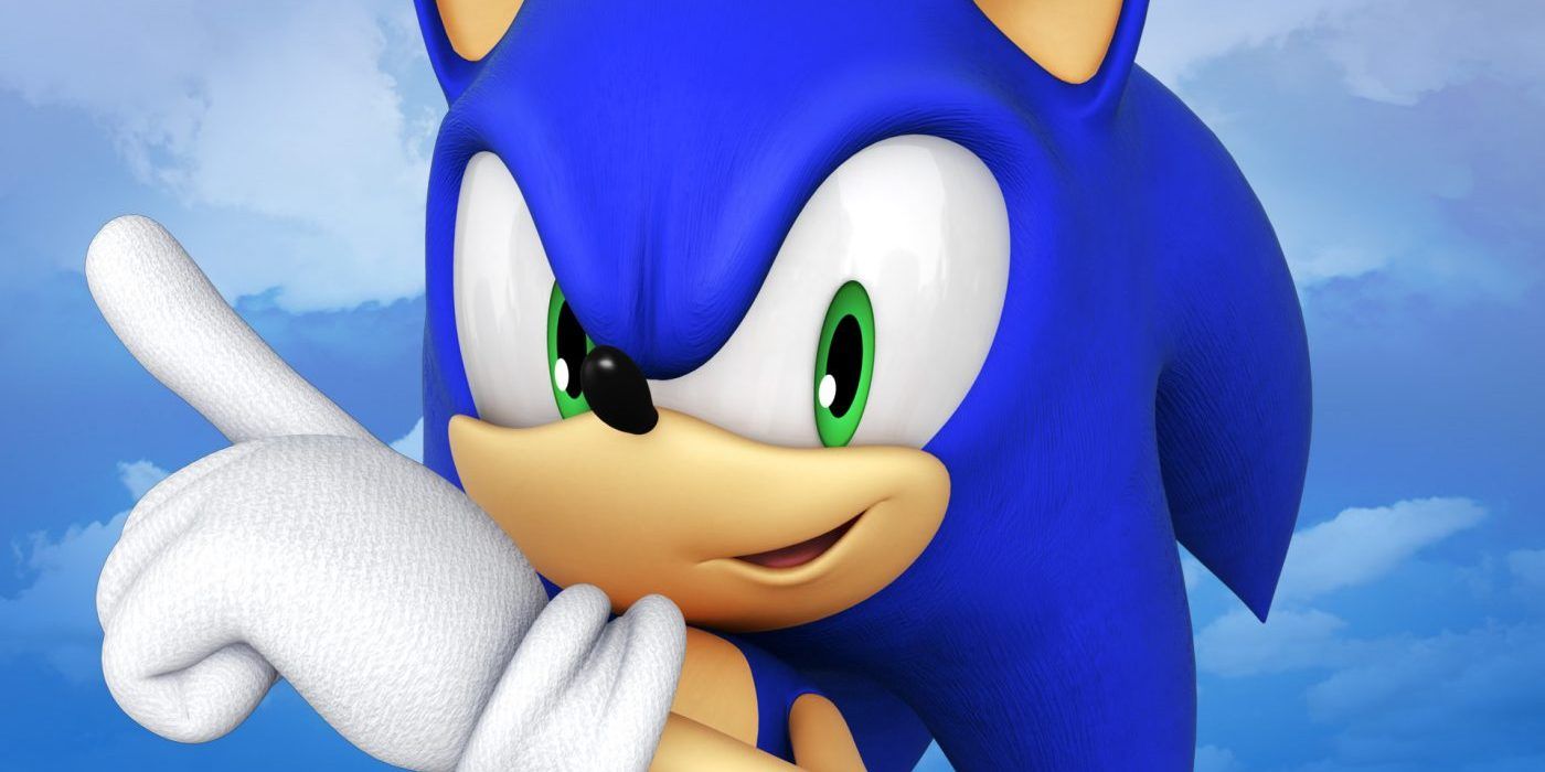 A close shot of Sonic's face, smiling while pointing at the sky.
