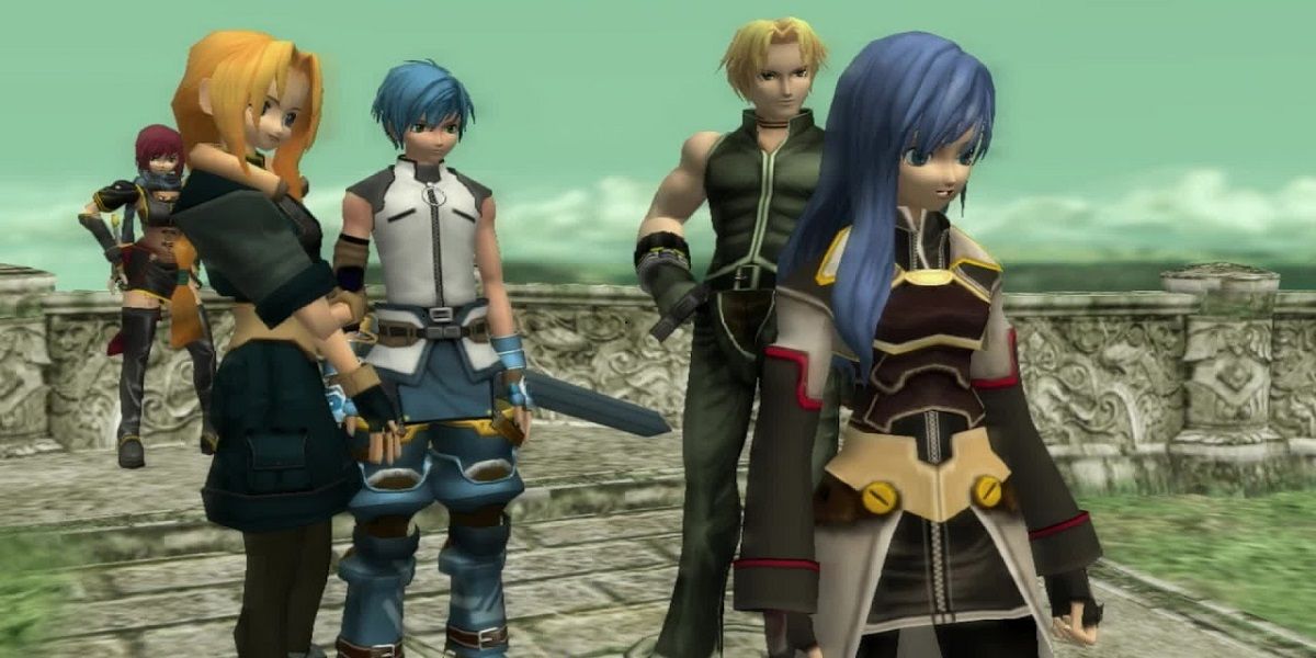 Feyt and his companions standing around in Star Ocean 3