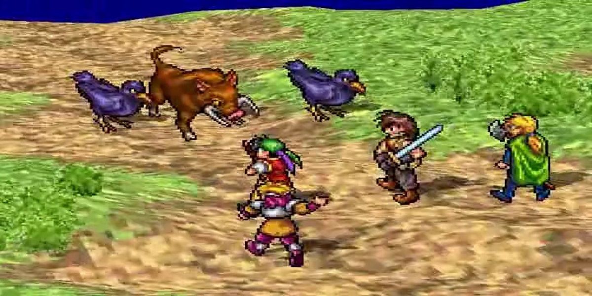 suikoden 1 battle gameplay with characters and monsters in a grassy area