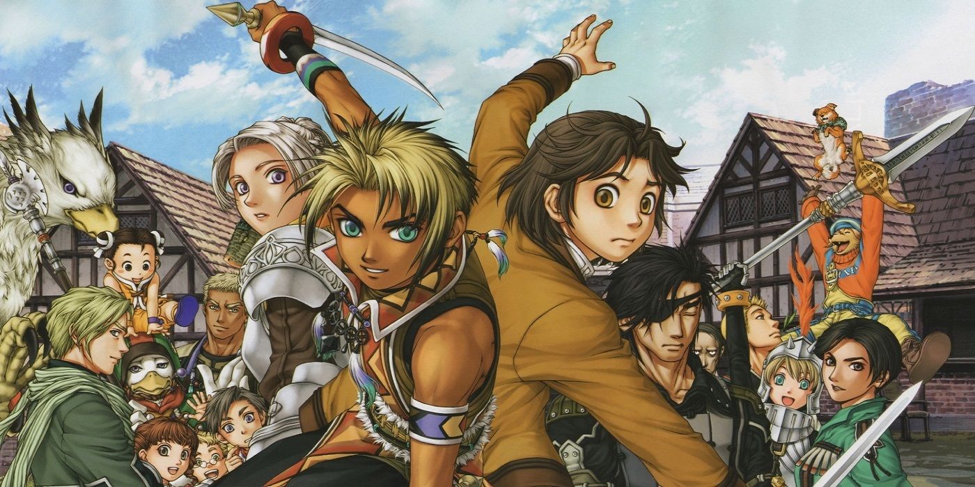 Suikoden 3 cast holding their weapons and looking at the viewer