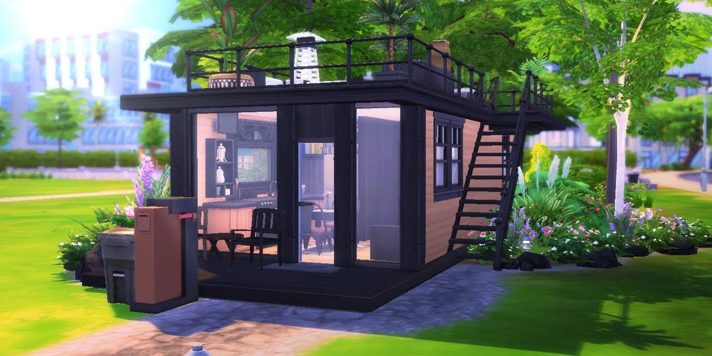 a tiny house with large windows from The Sims 4