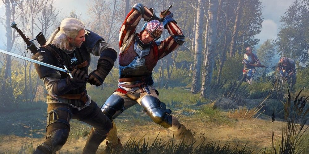 Geralt fighting an exposed soldier swinging down a sword in an open forest in The Witcher 3, with more guards running from the distance.