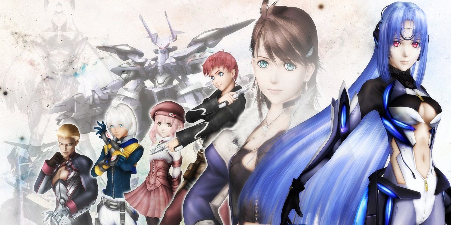 The cast of Xenosaga Episode 1 lined up and posing