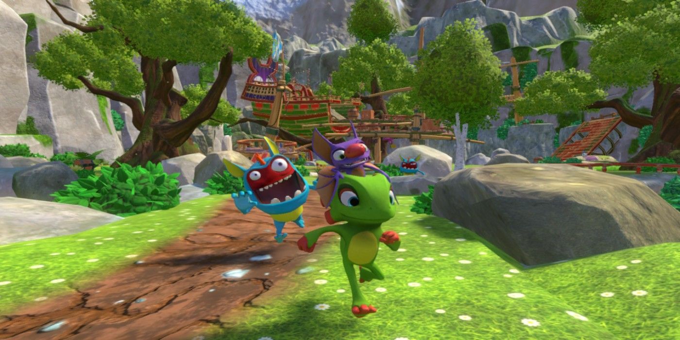 yooka and laylee running from a blue monster enemy