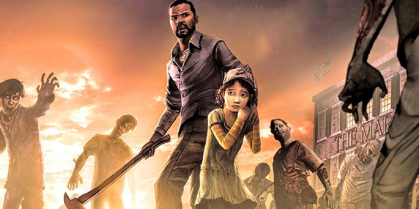 Lee, holding an axe, and Clementine caught in the center of a horde of walkers.