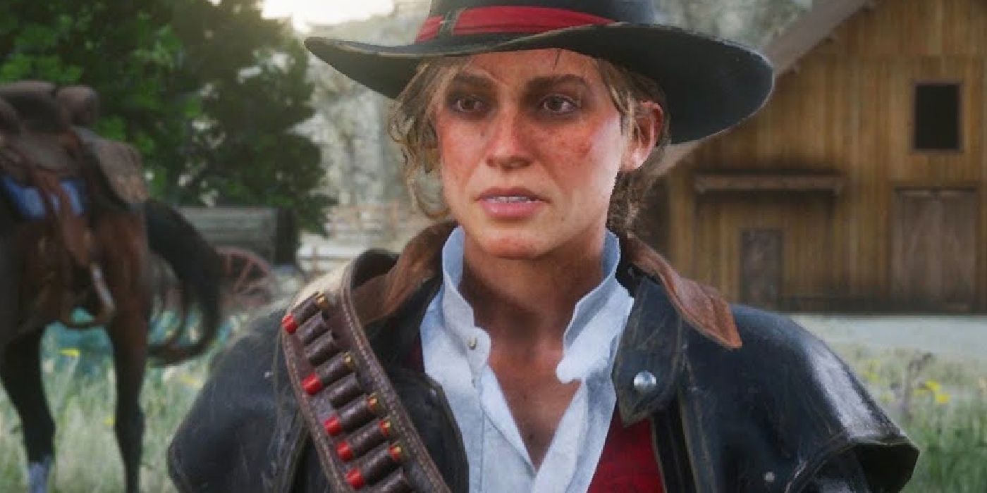 Sadie Adler in her bounty hunter gear with a barn and horse in the background in Read Dead Redemption 2.