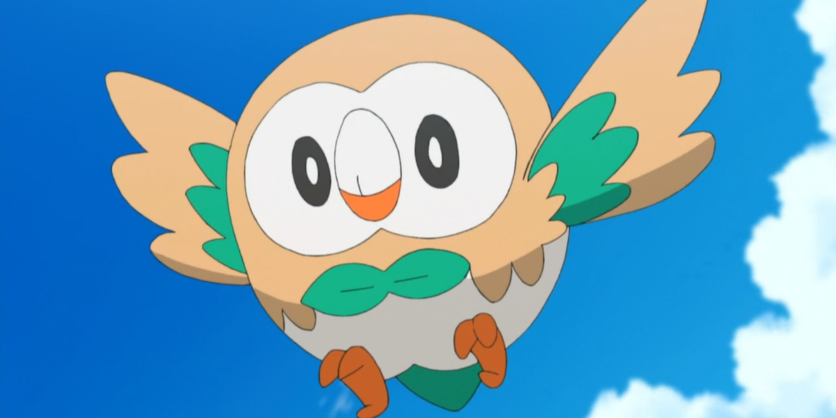 Ash's Rowlet flying in the sky from the Pokemon anime
