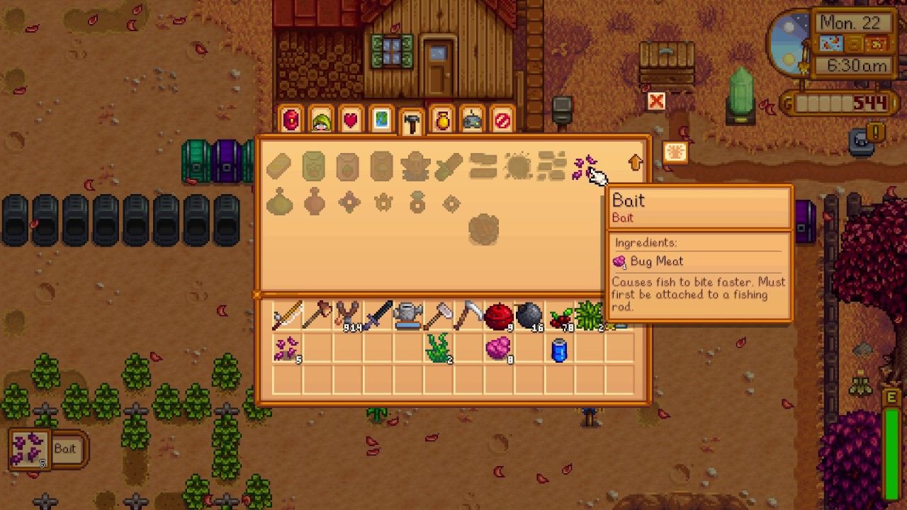 the stardew valley crafting menu with the bait recipe visible