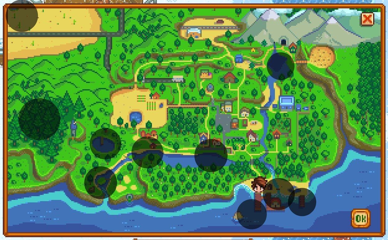 a map of stardew valley with the fishing spots highlighted by dark circles
