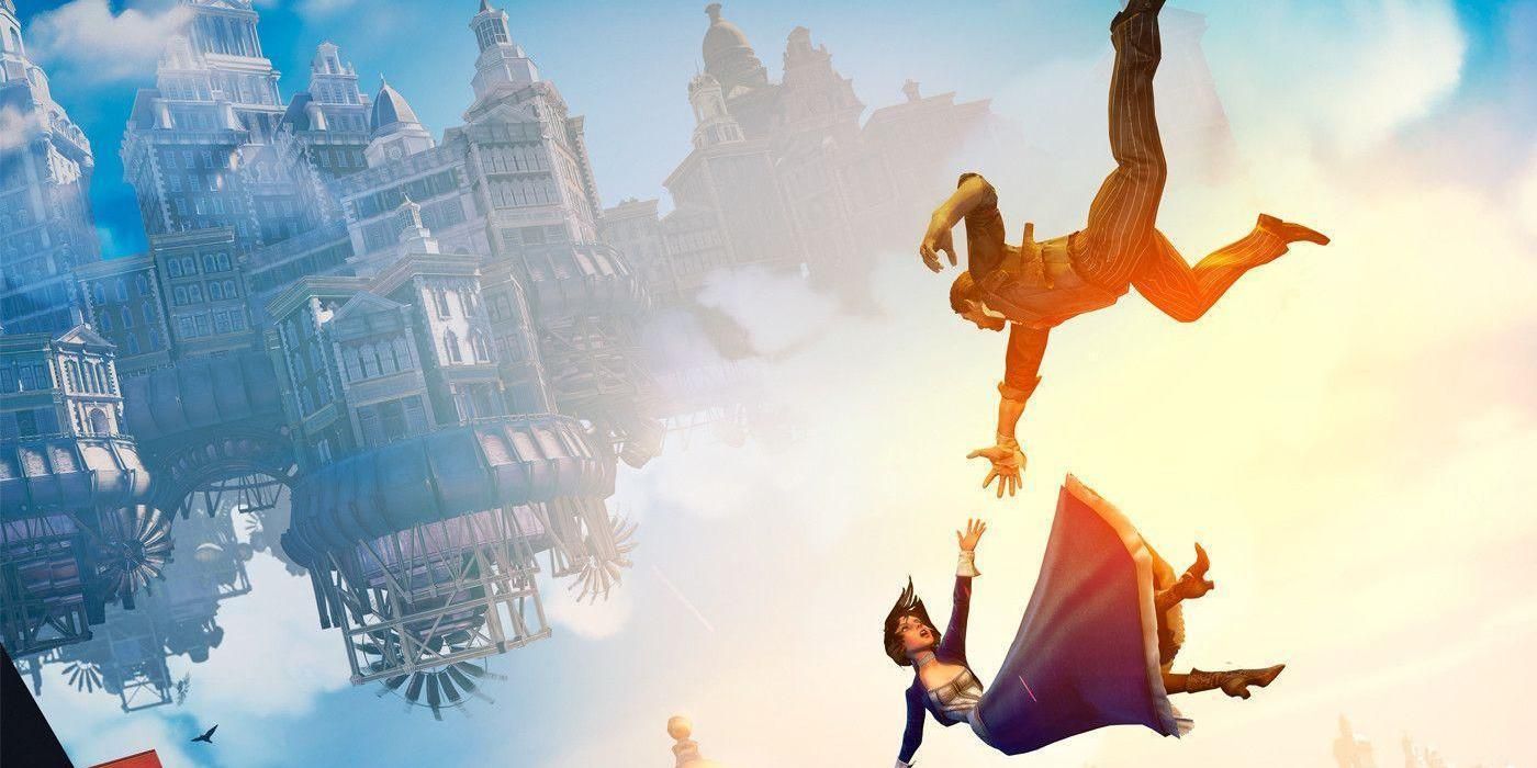 BioShock Infinite promo art showing characters Elizabeth and Booker falling from sky near floating city.