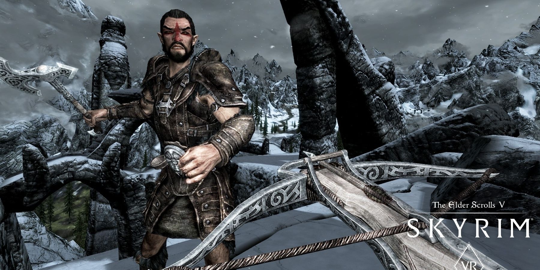 The Dragonborn fighting an enemy with a crossbow in Skyrim