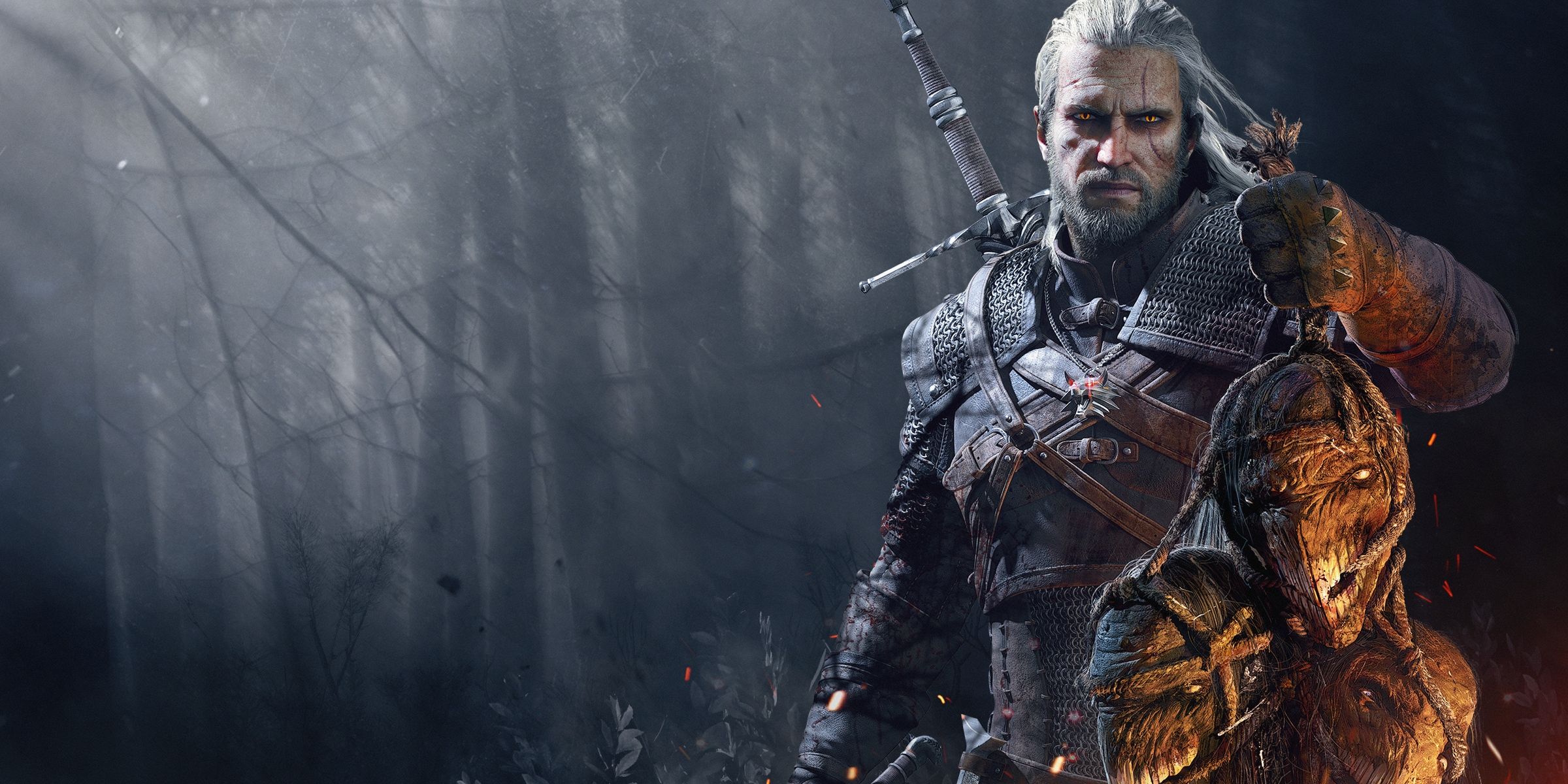 Geralt with the head of slain monsters in The Witcher 3