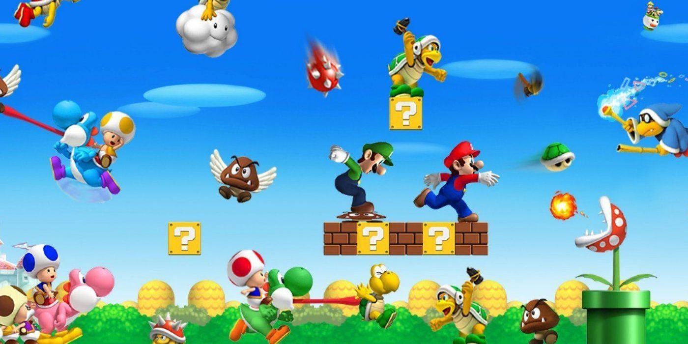 A chaotic scene showing Mario and Luigi running through a level in New Super Mario Bros. Wii, with several characters and enemies on screen.