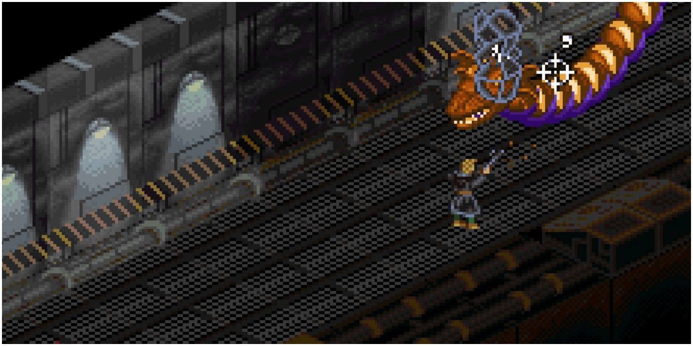 Shadowrun SNES game, protagonist fights dragon in a mechanical hallway.
